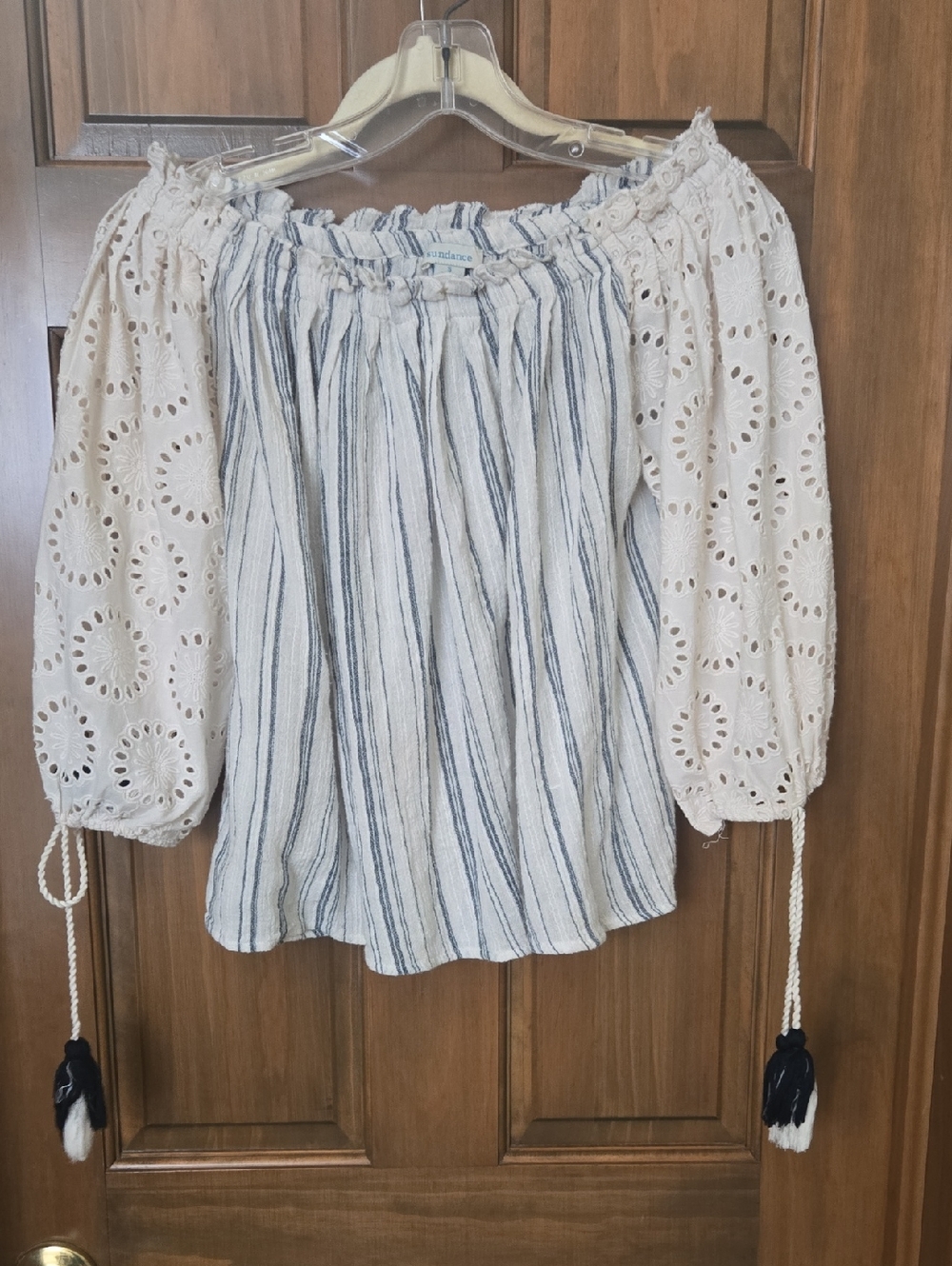 Sundance Cream and Blue Striped Eyelet Off-Shoulder Blouse